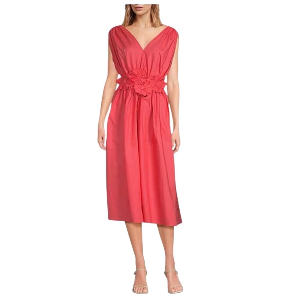 Lucy Paris Coral Pink Cotton Floral Waist Midi Dress Size M Pockets